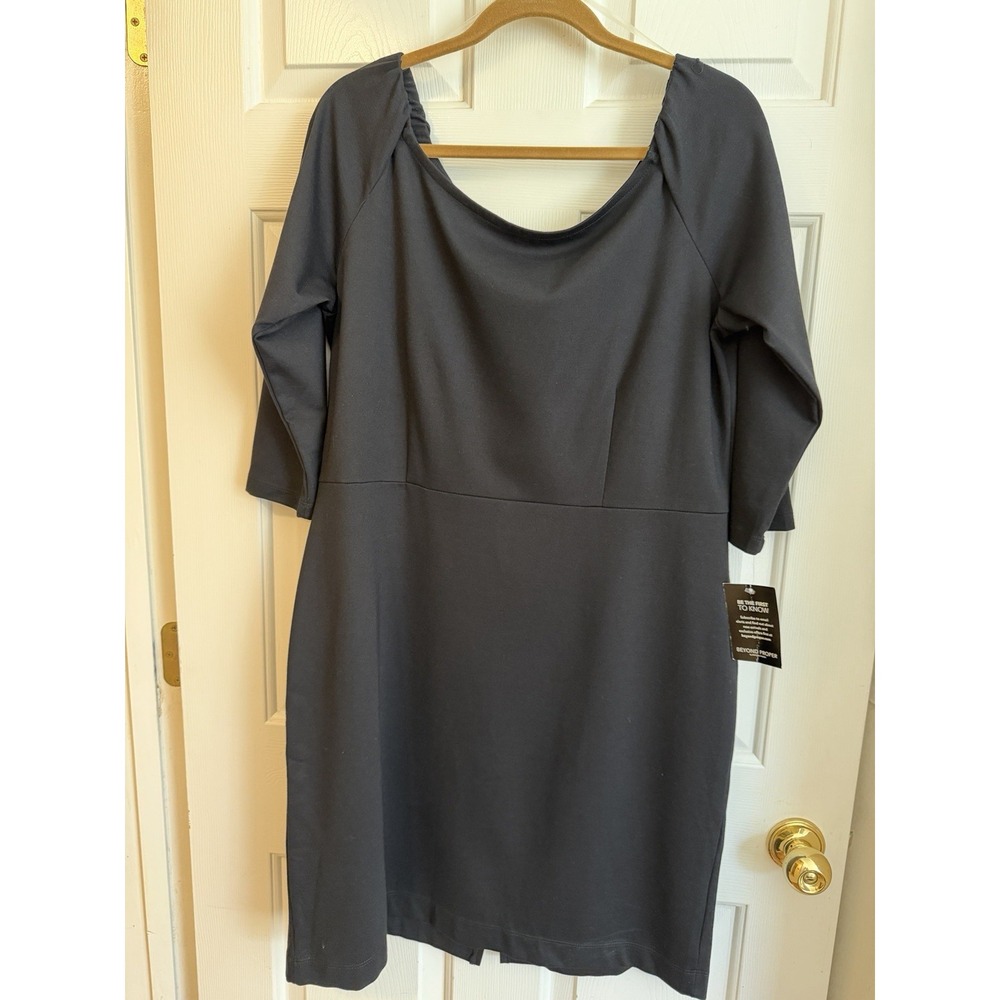 Boston Proper Black Knit Stretch Scoop Neck 3/4 Sleeve Knee Dress XL